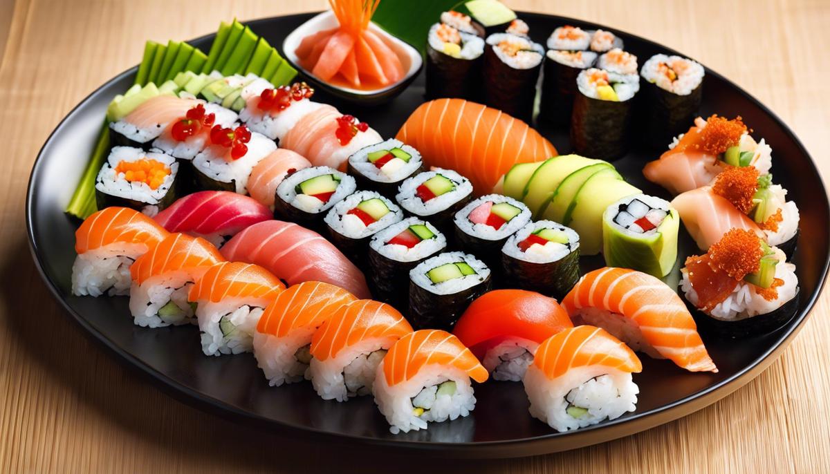 Una imagen en primer plano de un plato de sushi bellamente arreglado, con colores vibrantes y varios rollos de sushi, que muestra las cualidades artísticas y estéticas del sushi.