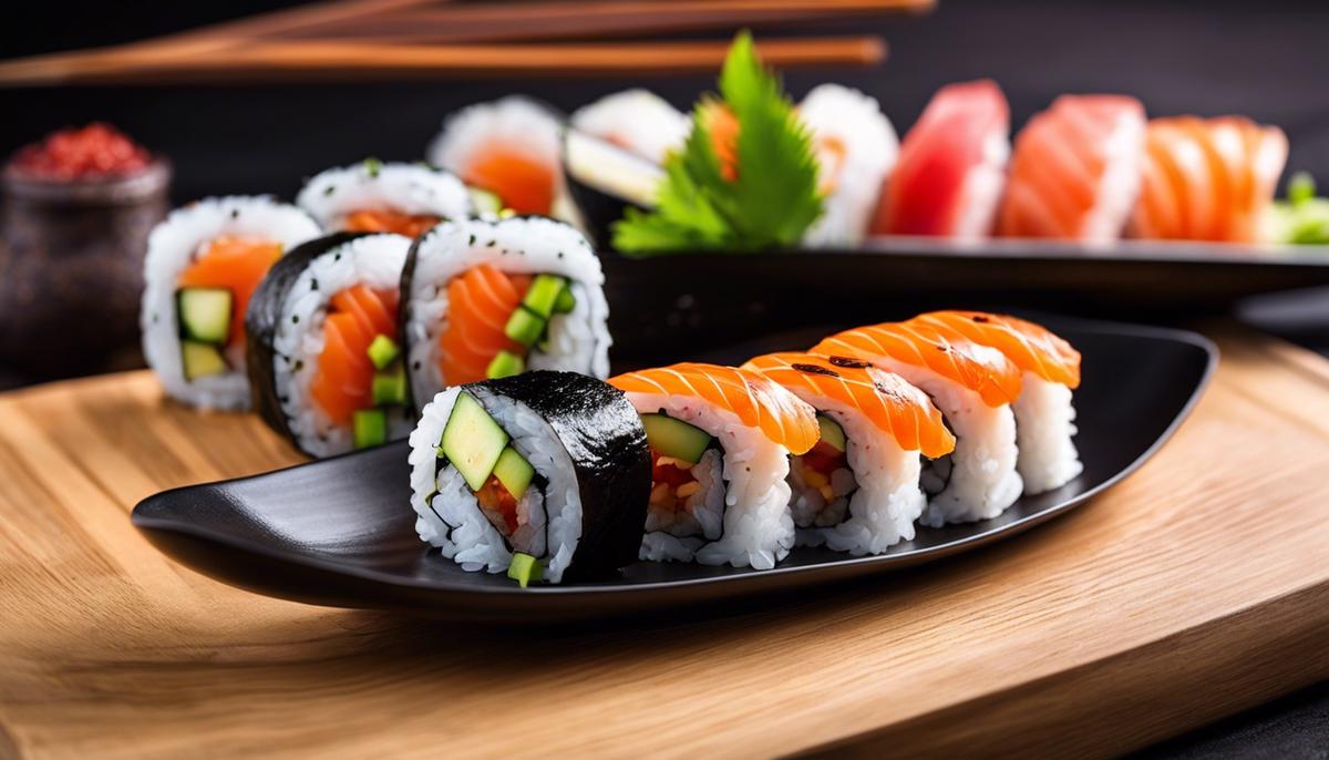 Picture of different sushi rolls, nicely arranged on a plate.