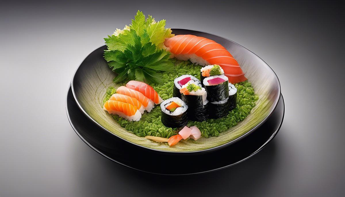 A bowl of sushi with seaweed draped on the plate.
