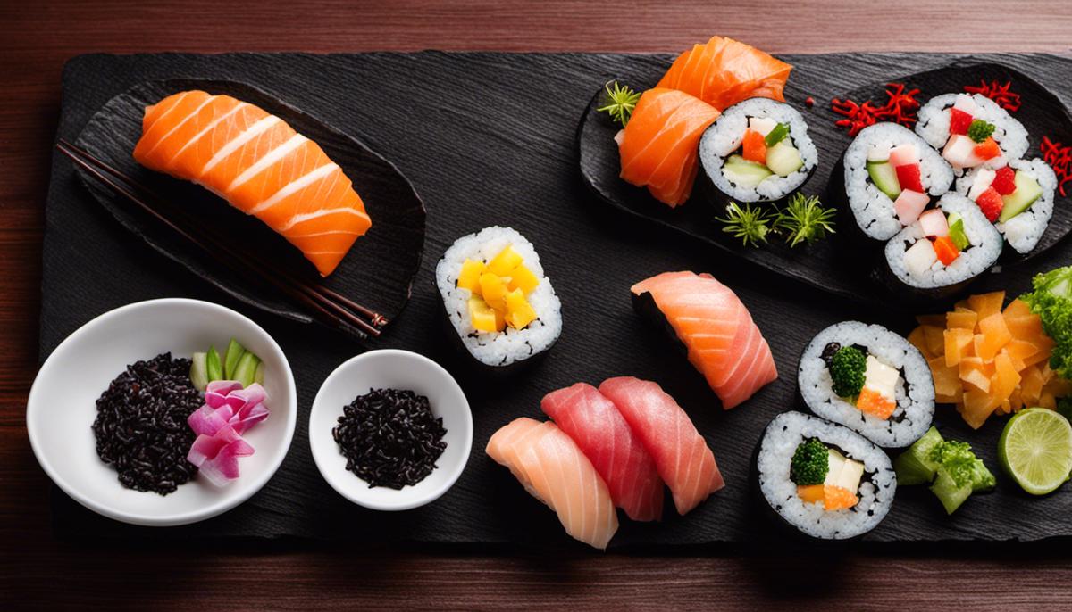Una imagen que muestra varios ingredientes alternativos para el sushi, como Ogonori, Jackfrucht y arroz negro.