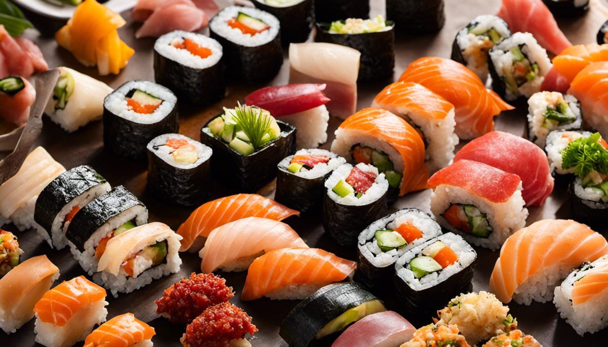 Imagen de diferentes alternativas de sushi, que muestra un restaurante de sushi rentable, rollos de sushi caseros y cajas de sushi preempaquetadas.