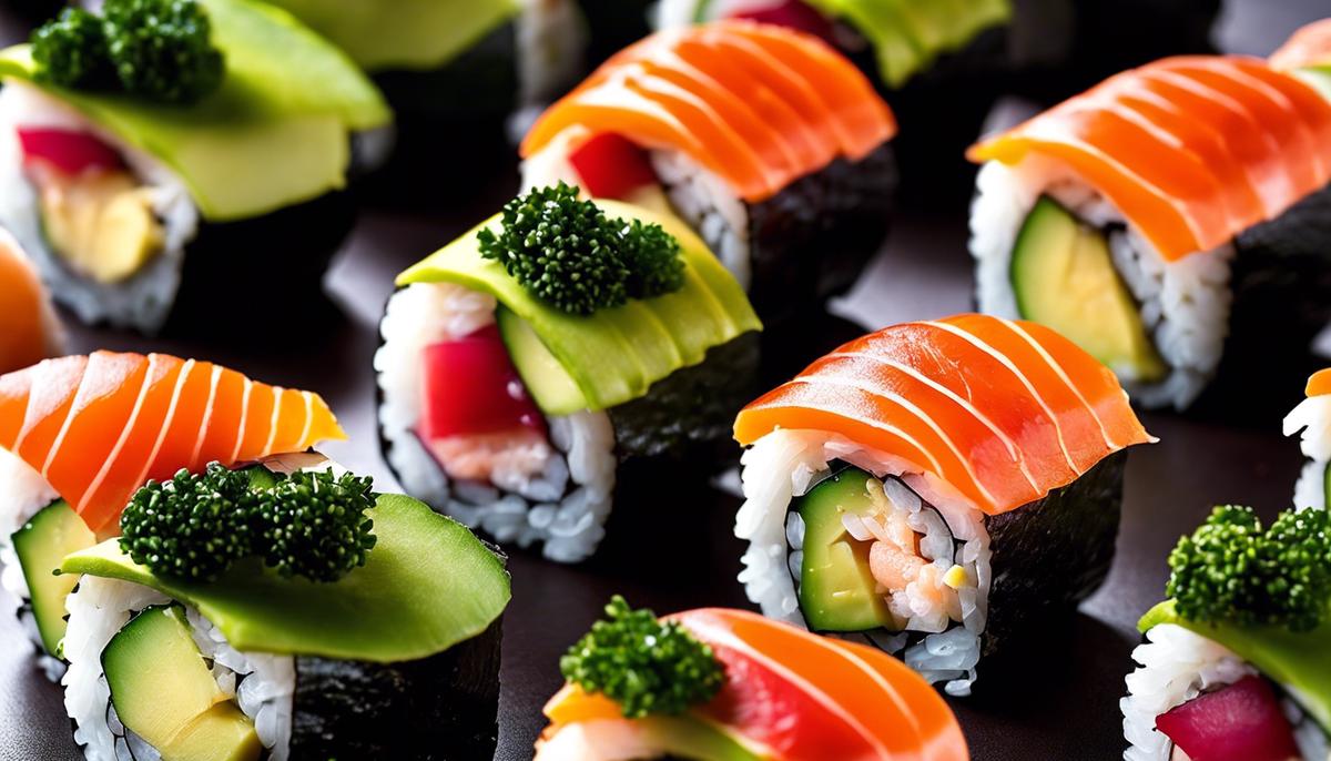 Una foto de un plato de rollos de sushi y un aguacate cortado por la mitad. Los rollos de sushi son coloridos y están bien organizados, mientras que el aguacate está maduro y cremoso.