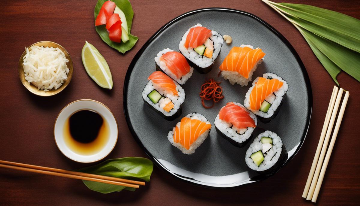 Un plato de rollos de sushi con rodajas de jengibre al lado, que representa la armonía entre el sabor y la salud.