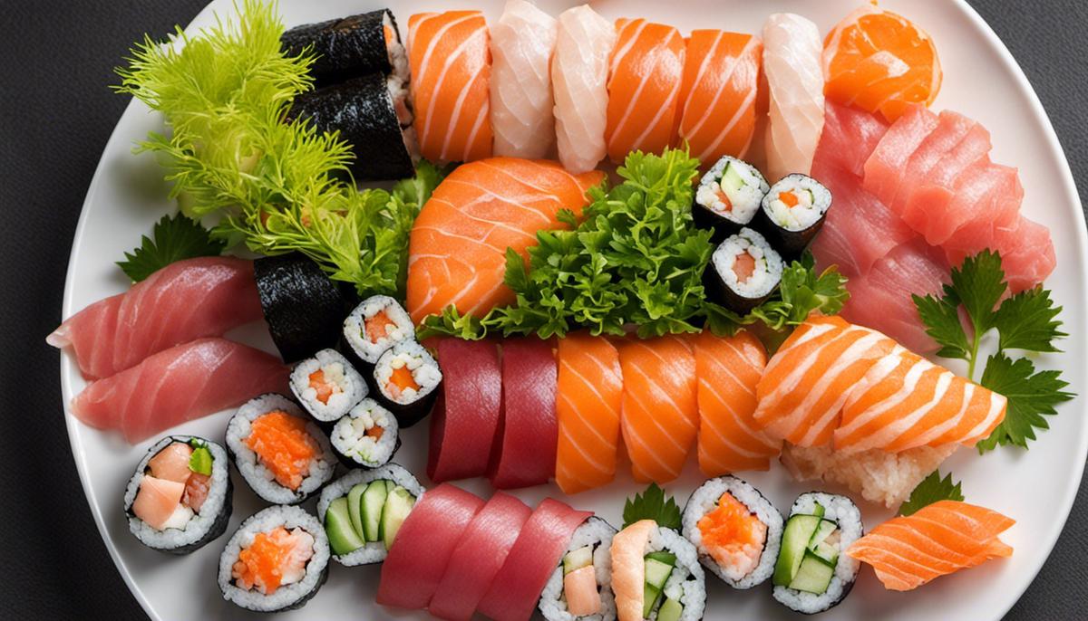 Un plato de sushi y sashimi, bellamente arreglado con una variedad de colores y texturas.