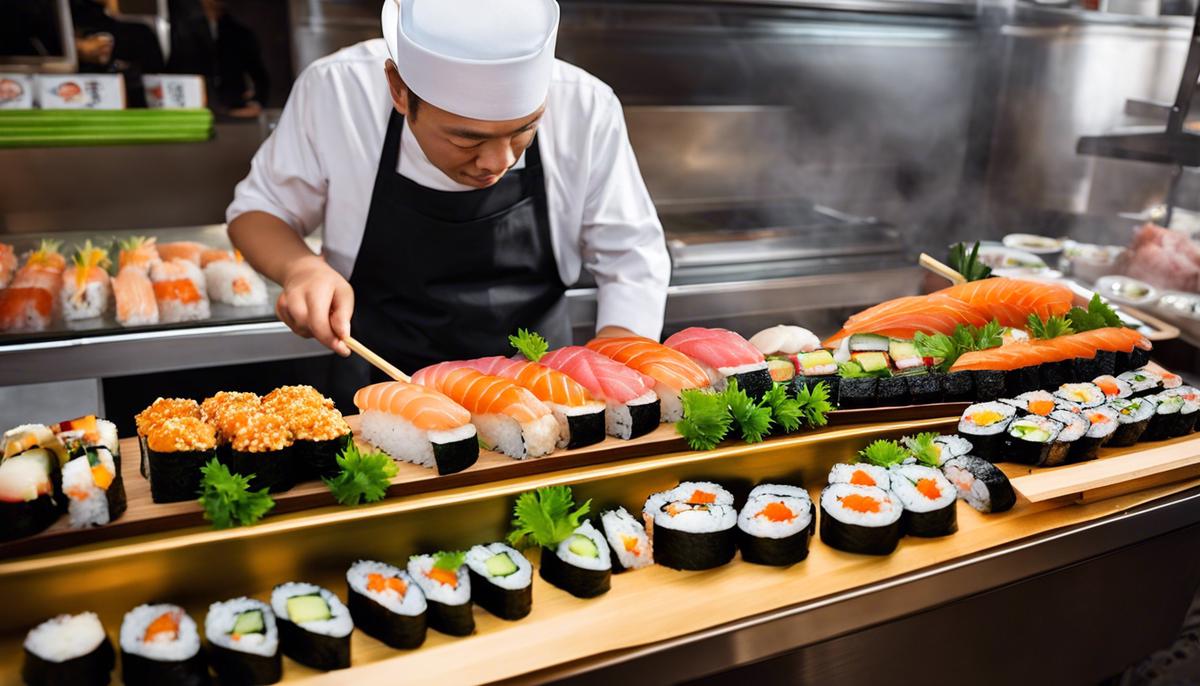 Imagen de delicioso sushi y sabrosa comida callejera que es visualmente impresionante