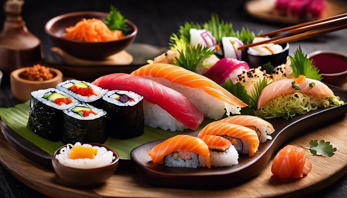Una imagen de varios platos de sushi y comida callejera presentados de una manera visualmente atractiva.