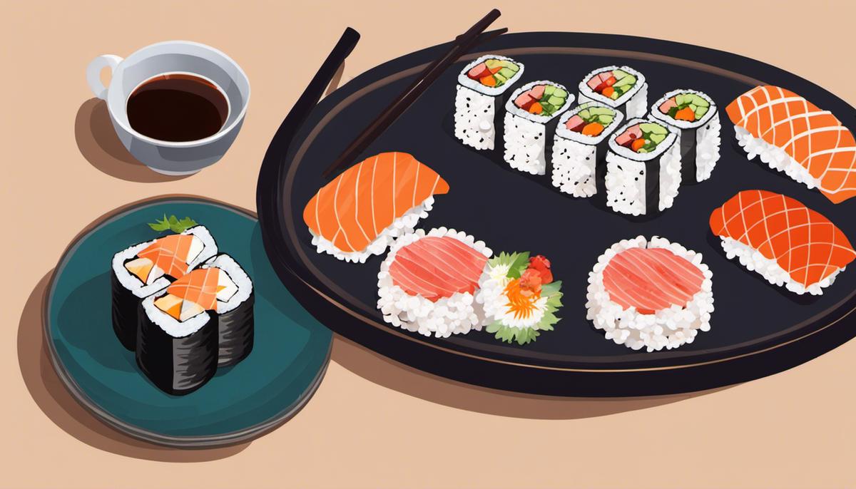 A plate of sushi rolls and a cup of tea, representing the art of sushi and tea pairing