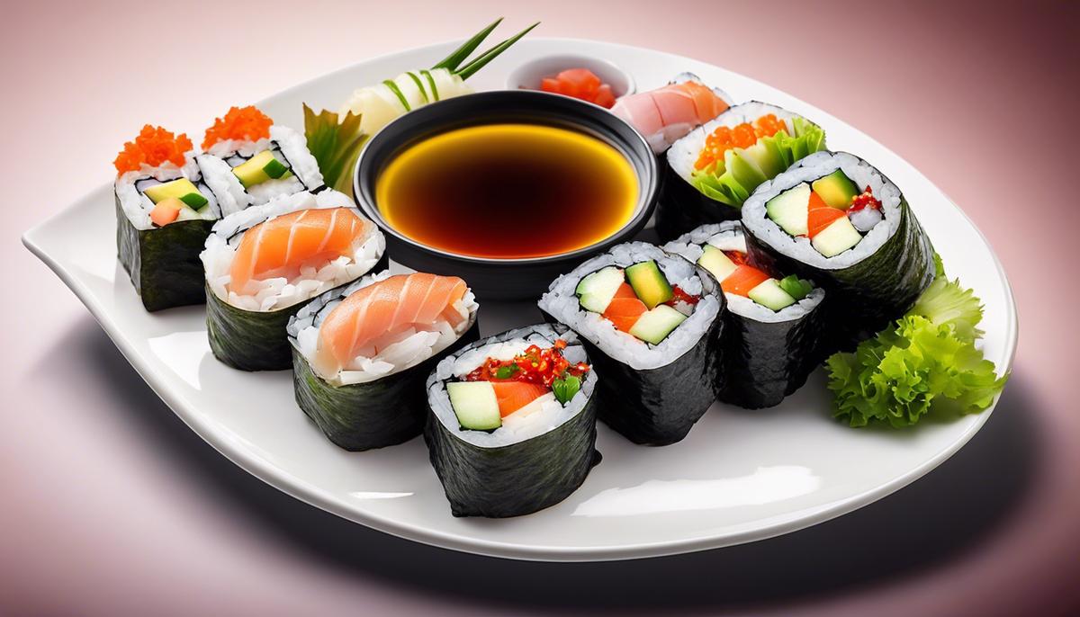 Un plato de rollos de sushi, bellamente presentado con una copa de vino al lado.