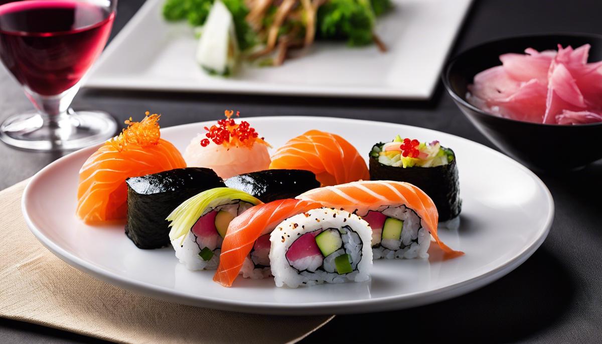 A plate of sushi next to a glass of wine, representing the perfect combination of flavors.