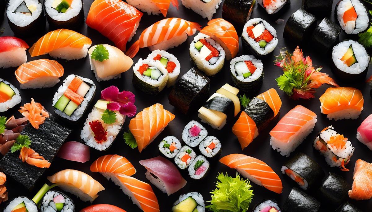 Collage of different sushi dishes that can be ordered online.