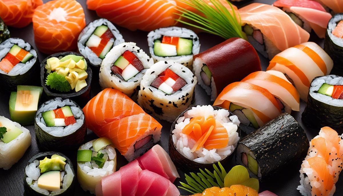 Una imagen en primer plano de rollos de sushi bellamente dispuestos, que muestran una exquisita mezcla de colores y texturas.