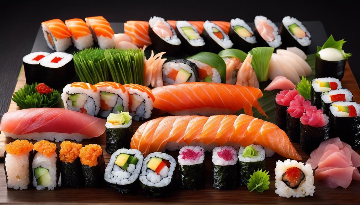 Una hermosa imagen que representa varias creaciones de sushi, mostrando la forma de arte de hacer sushi
