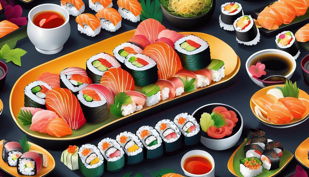 Ilustración de un plato de sushi bellamente arreglado con colores vibrantes y varios rollos de sushi