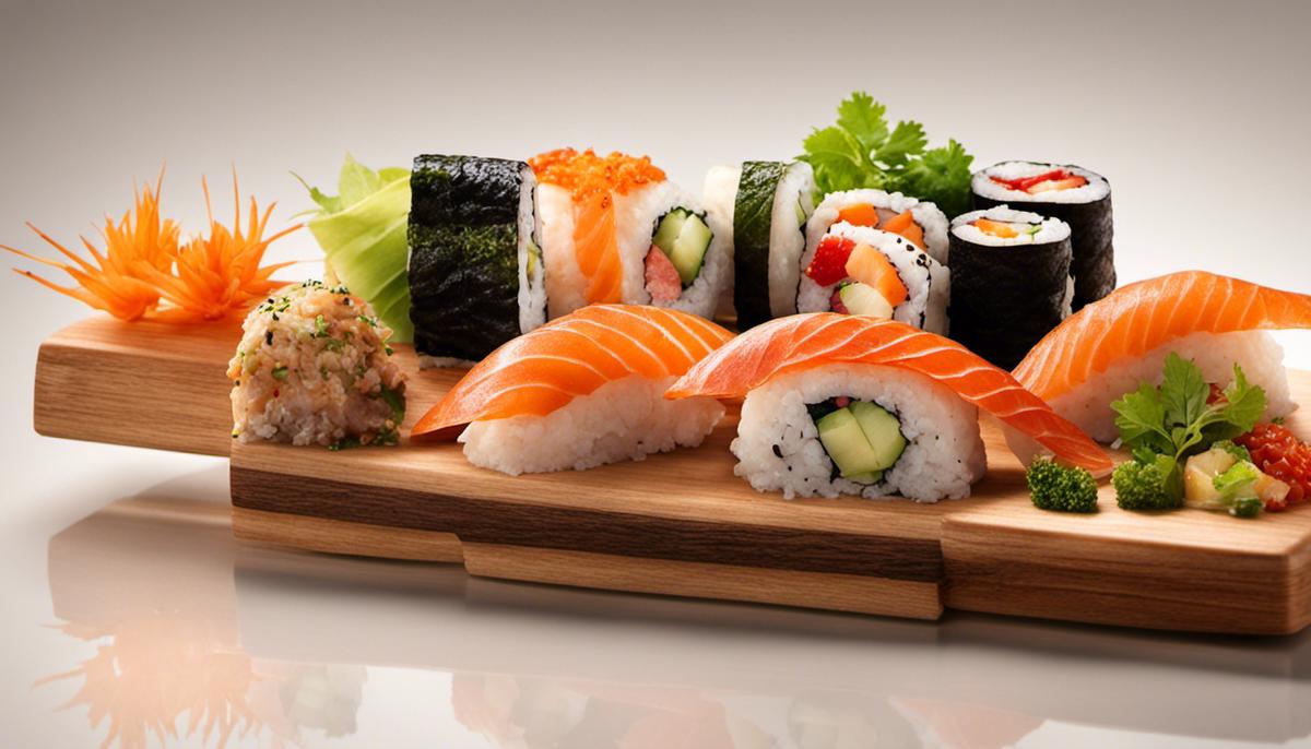 A stunning visual representation of beautifully prepared sushi with assorted fillings.