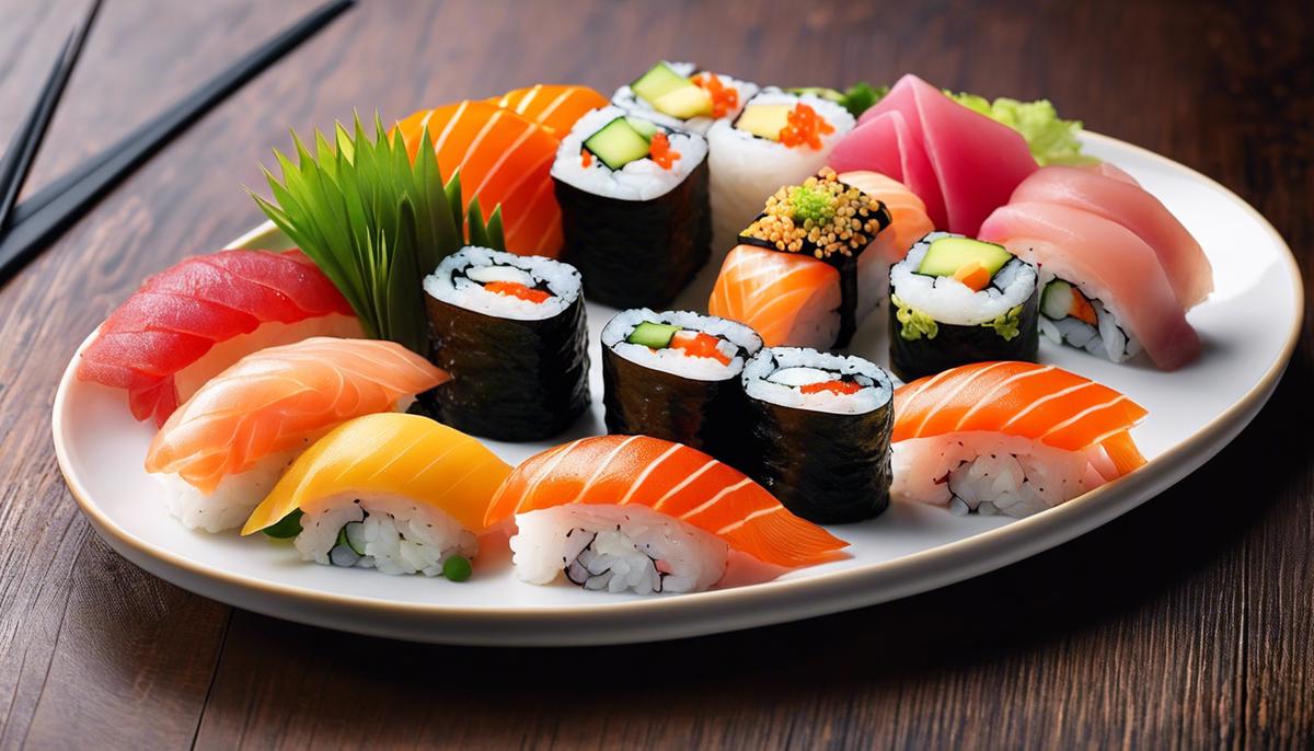 Un plato de sushi visualmente atractivo con varios tipos y diseños coloridos