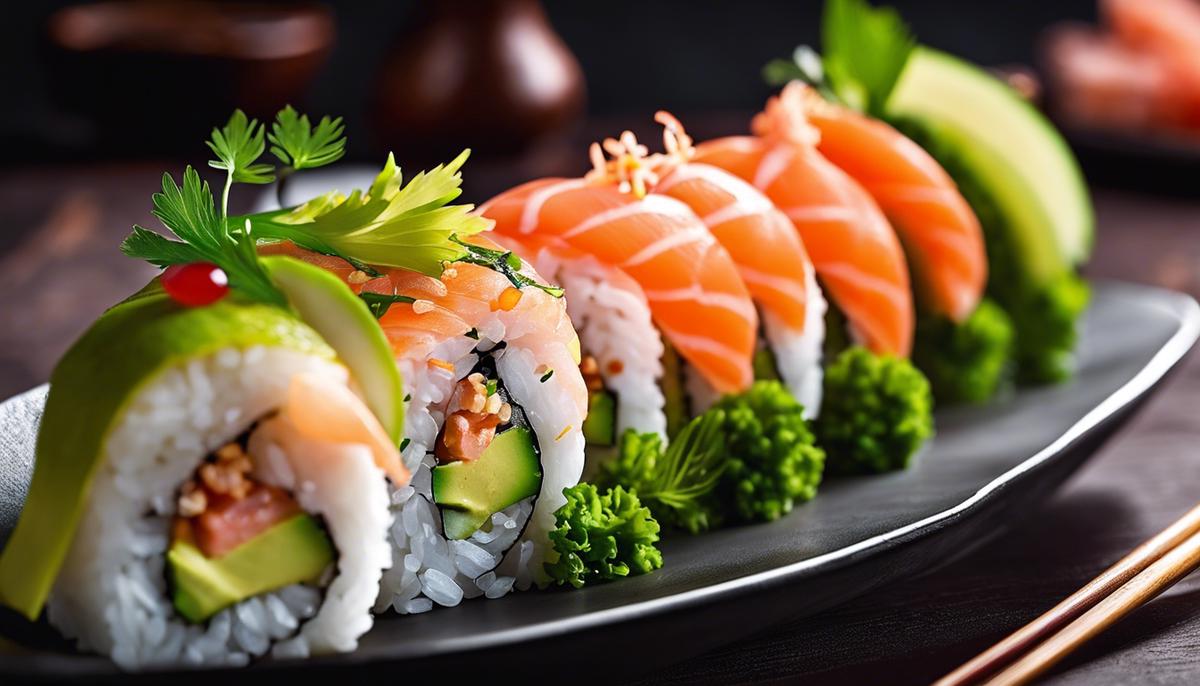 Imagen de un plato de sushi con aguacate fresco y salmón