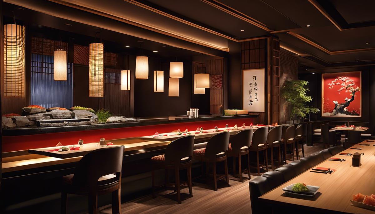 Imagen de un bar de sushi bellamente decorado que muestra elementos de diseño interior tradicional japonés, creando un ambiente sereno y elegante.