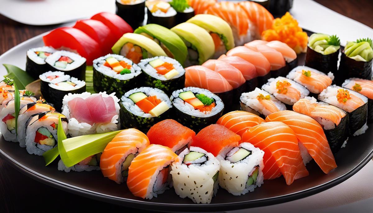 Un plato bellamente arreglado de rollos de sushi variados, que muestra el arte y la variedad de la cocina de sushi.