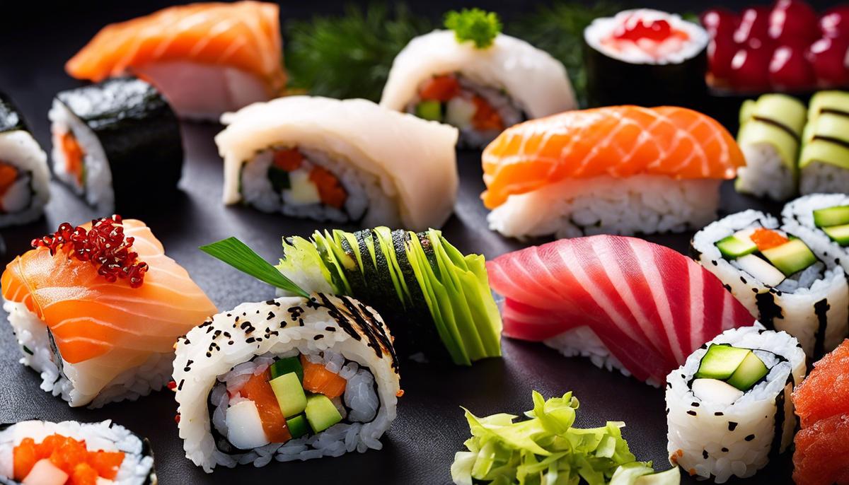 Un grupo de rollos de sushi con varios rellenos, que muestran la fusión de ingredientes tradicionales e innovadores en bares y restaurantes de sushi.