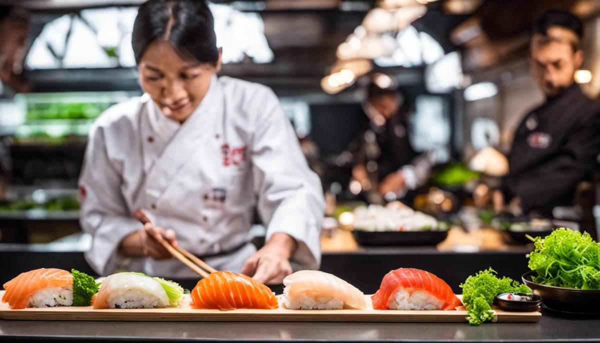 Eine Auswahl an Beilagen für Sushi, darunter Wasabi, Ingwer und Sojasaucen-Schüsselchen