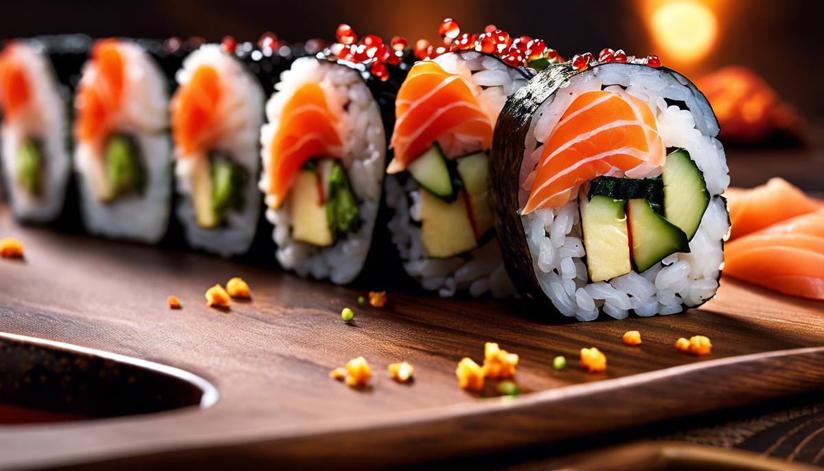 Una imagen de un rollo de sushi con ingredientes frescos, que representa los beneficios para la salud de hacer sushi en casa