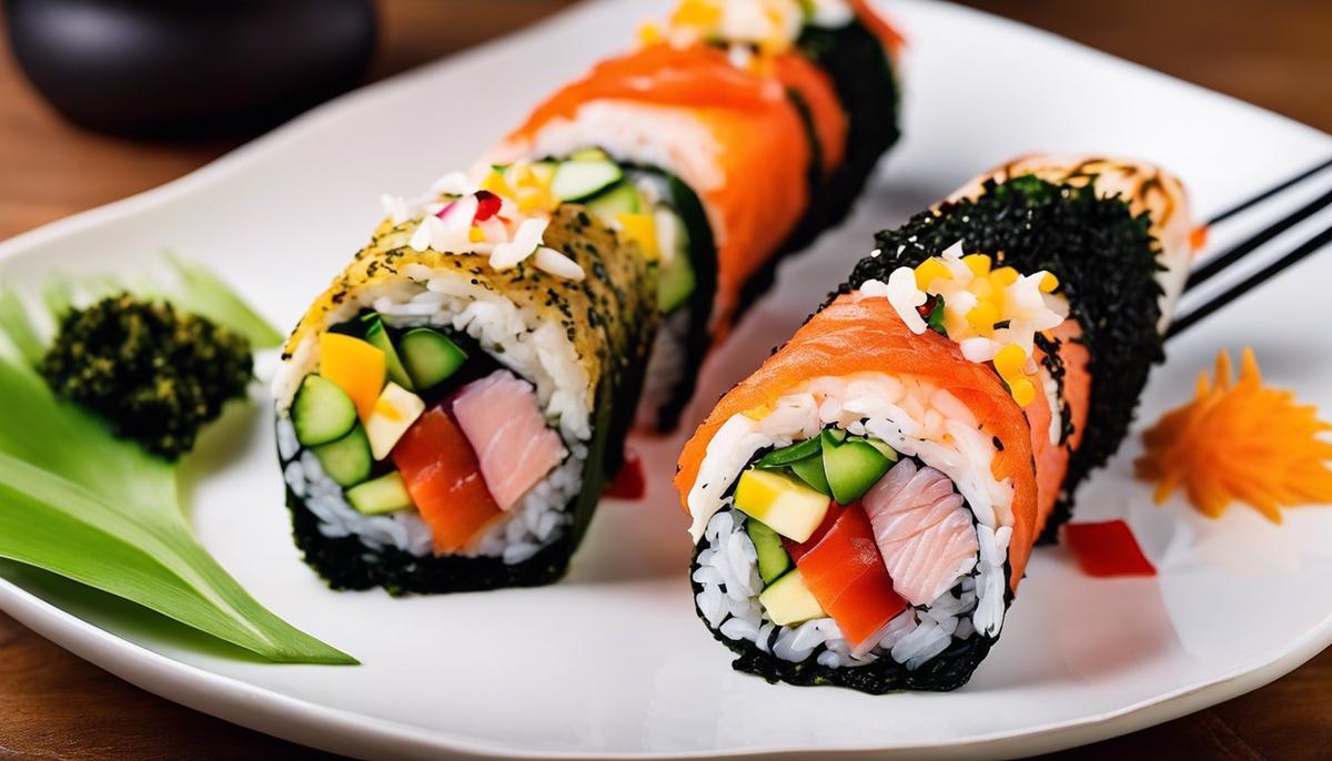 Un delicioso burrito de sushi relleno de ingredientes coloridos, envuelto en una hoja de nori y servido como un plato visualmente atractivo.