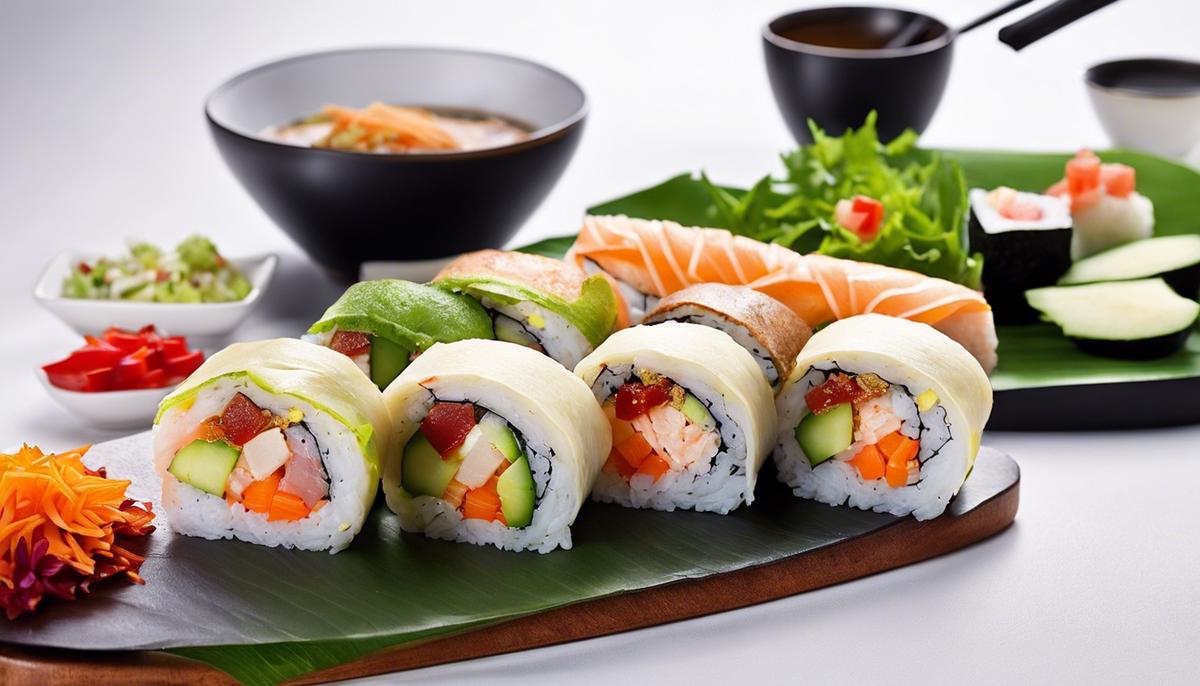 Una imagen de un burrito de sushi relleno de diferentes ingredientes.