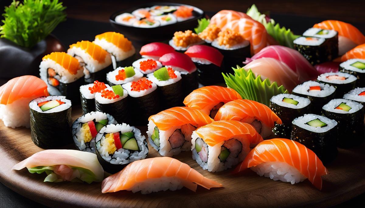 Un plato de sushi visualmente impresionante, que muestra el arte y la artesanía que se necesita para crearlo.