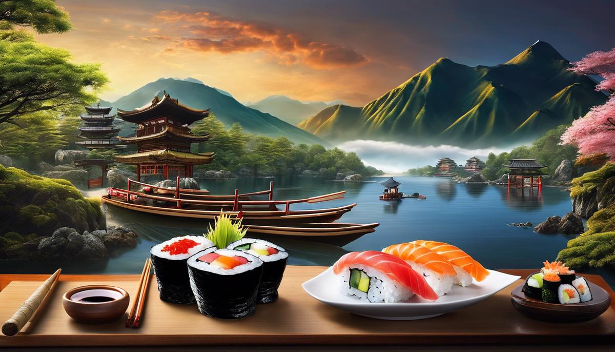 Imagen que representa el impacto cultural del sushi, mostrando su influencia en varias cocinas y su popularidad mundial.