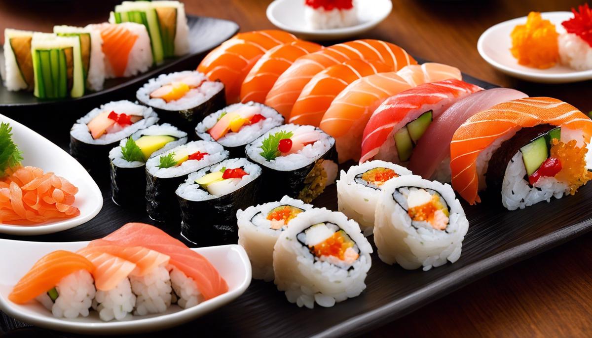 Una imagen en primer plano de un plato de sushi bellamente arreglado, que muestra el arte y la precisión de la cultura del sushi de Tokio.