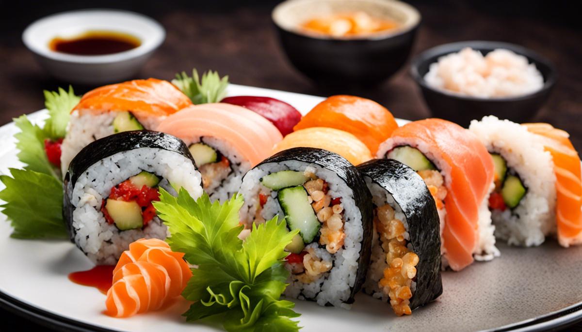 Una imagen de varios rollos de sushi en un plato tradicional japonés, que muestra el atractivo visual del sushi
