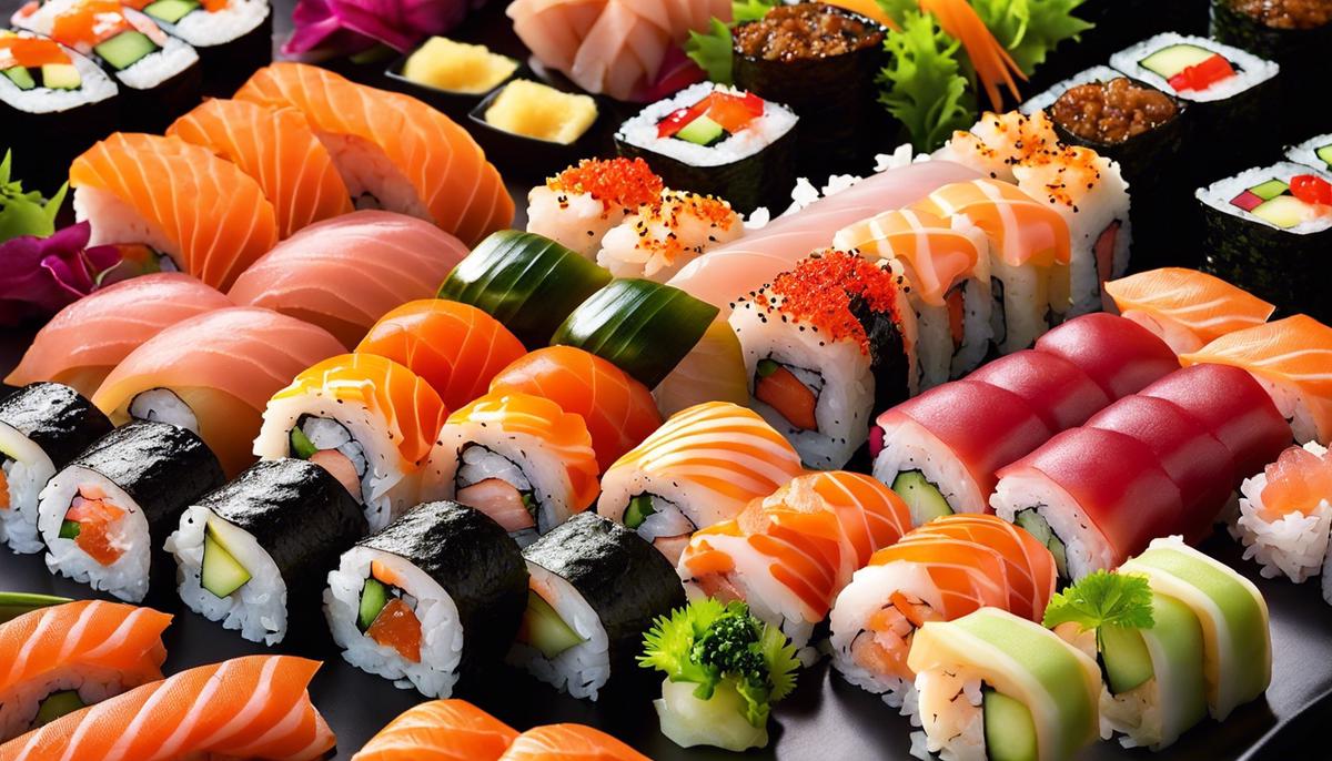 Un plato de rollos de sushi, meticulosamente dispuestos con colores vibrantes y cortes precisos, que representan la elegancia y la creatividad en los programas de televisión populares.