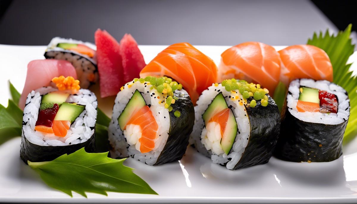 A close-up image of different types of sushi rolls beautifully arranged on a plate