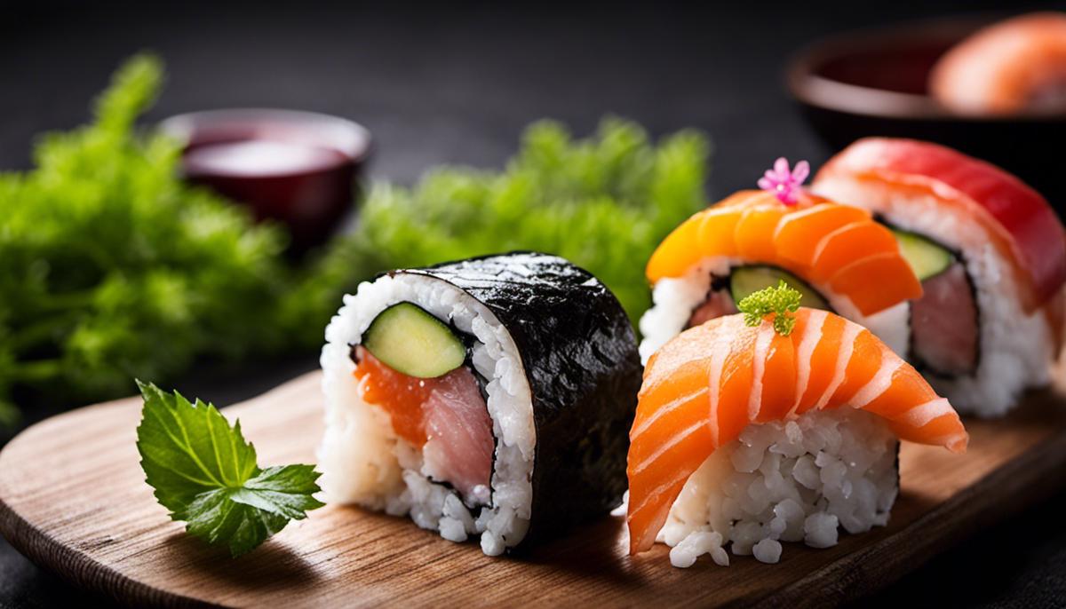 Imagen de un delicioso sushi en un plato, preparado con alta estética y decorado con ingredientes frescos