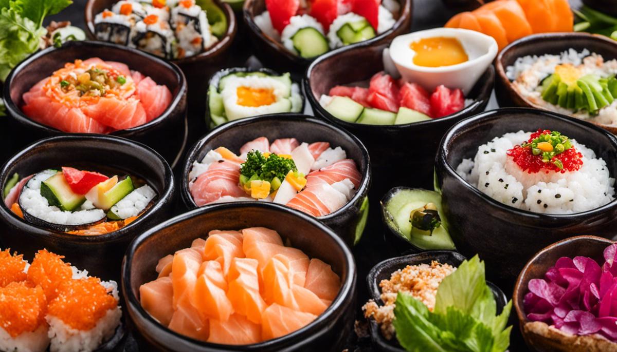 Tazón de coloridas salsas de sushi con varios ingredientes