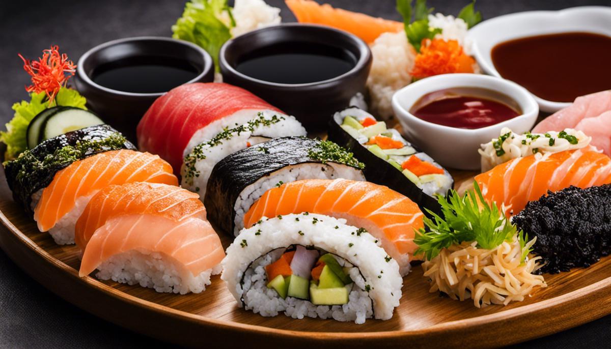 Varias salsas y salsas de sushi dispuestas de una manera estéticamente agradable.
