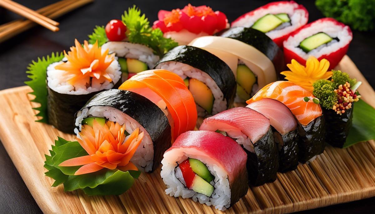 Un plato de sushi bellamente arreglado con colores vibrantes e ingredientes frescos.