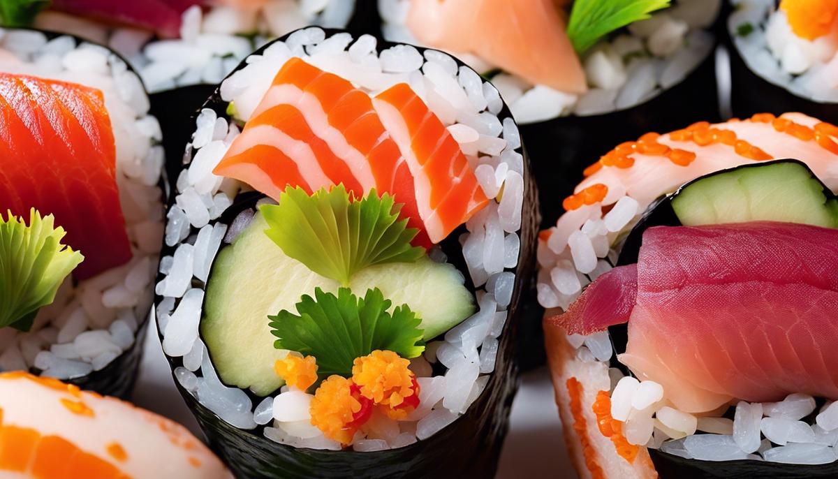Un plato de sushi bellamente arreglado con colores vibrantes y trozos de pescado meticulosamente cortados