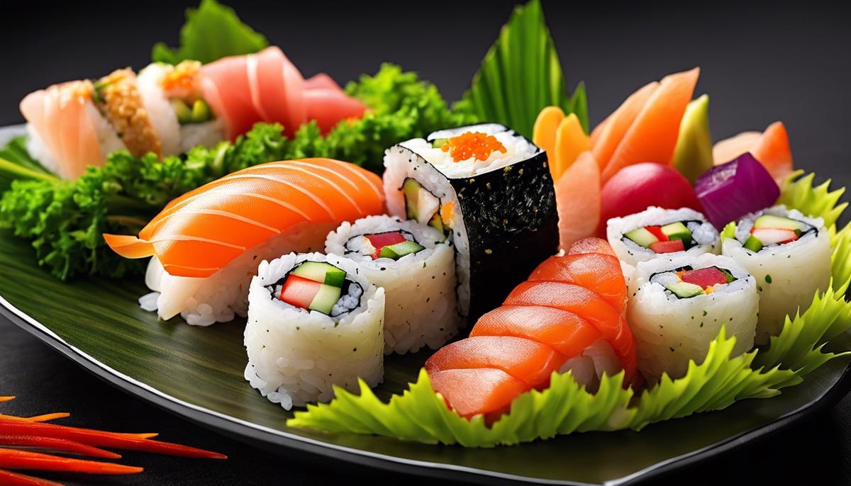 A delicious sushi dish with a variety of rolls, fresh fish, and colorful vegetables.