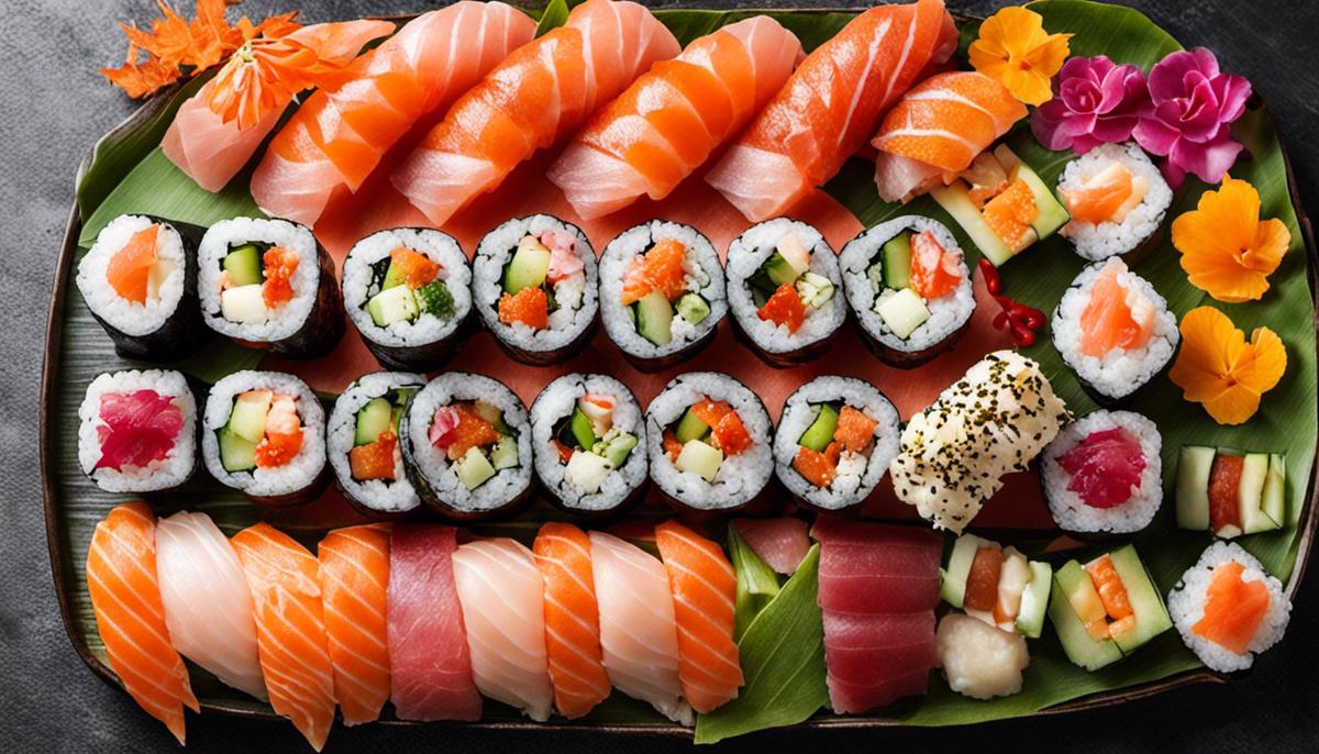 Un plato de sushi bellamente presentado que consiste en varios tipos de rollos de sushi, sashimi y nigiri. Los colores son vibrantes y la disposición es visualmente agradable.