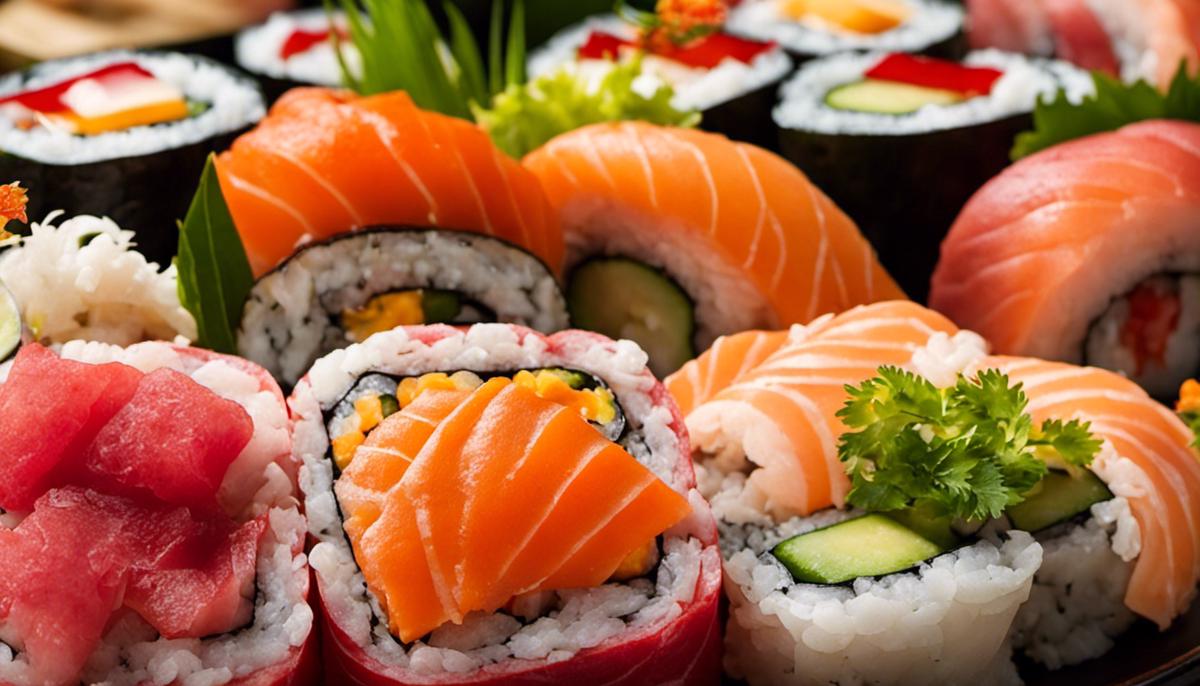 A variety of colorful sushi rolls with different ingredients, showcasing the diversity and creativity of sushi