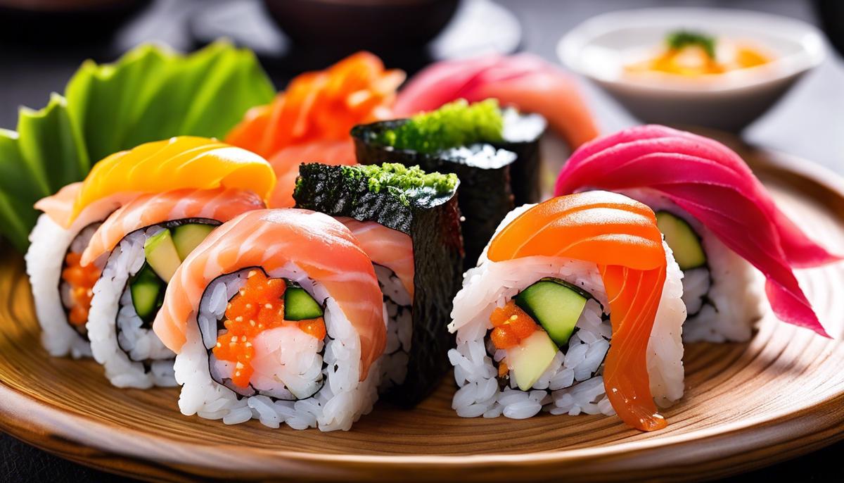 A beautifully arranged plate of sushi with vibrant colors and fresh ingredients