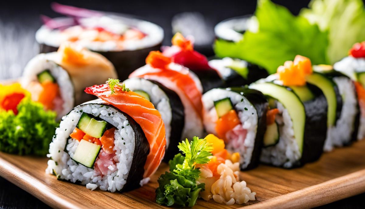 A variety of colorful vegetarian sushi rolls arranged beautifully on a plate.