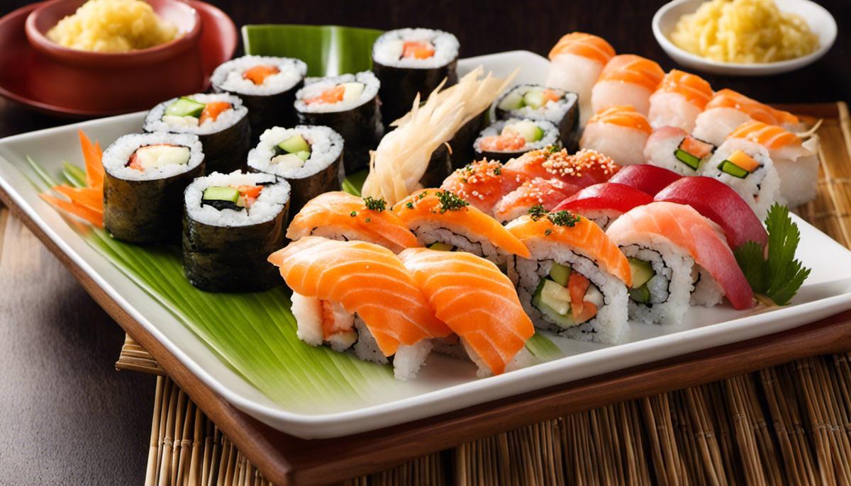 A plate of sushi with a variety of colorful rolls served on a bamboo mat