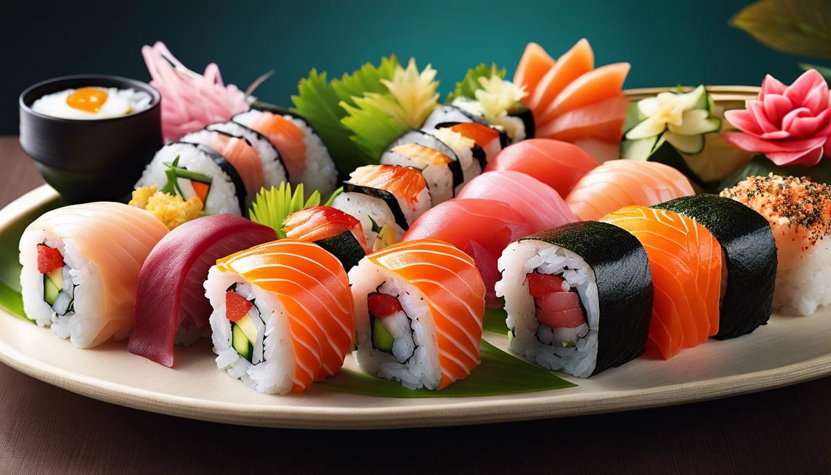 An image showcasing the aesthetic presentation of sushi with harmonious colors, shapes, and textures.