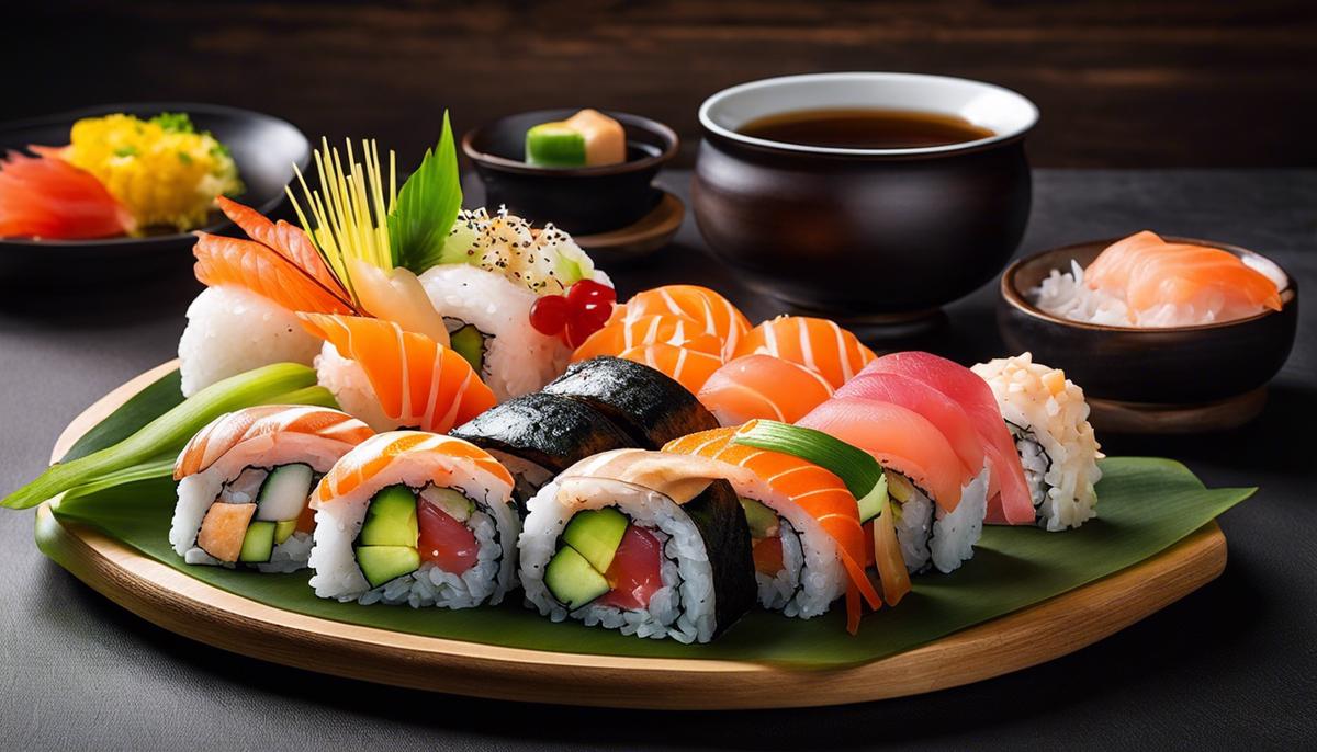 Bild einer Sushi-Platte mit verschiedenen Sorten, schön arrangiert und kunstvoll präsentiert