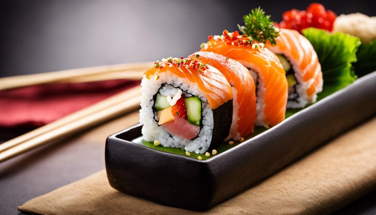 Bild einer Sushi-Bestellung mit verschiedenen Sorten, sorgfältig präsentiert und serviert.