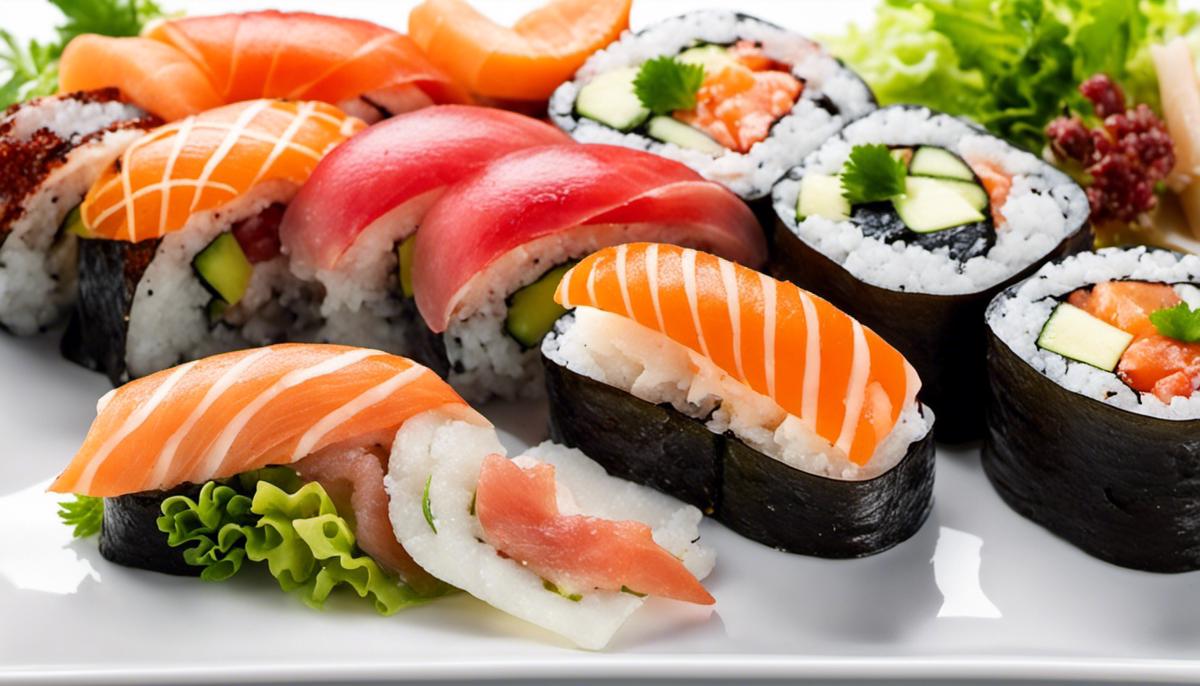 Ein Bild von verschiedenen Sushi-Gerichten, die kunstvoll auf einem Teller arrangiert sind.