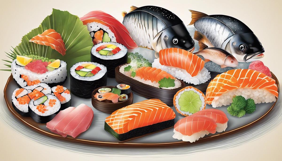 Ilustración de una línea de tiempo que representa la evolución del sushi.