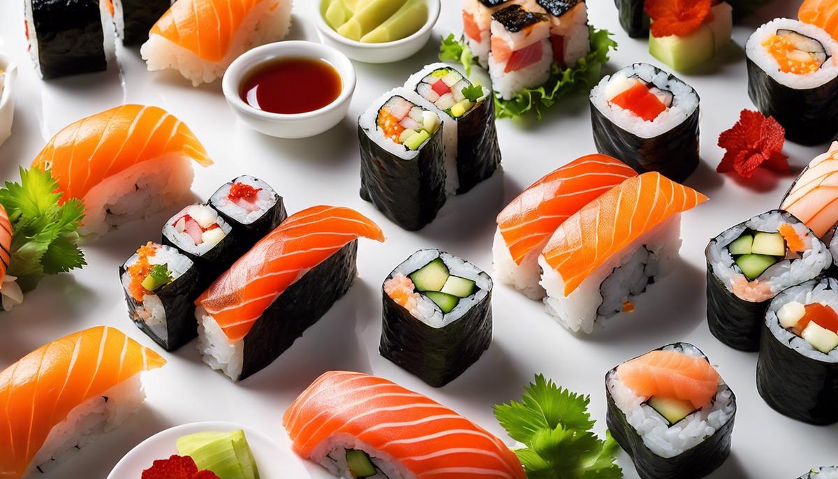 Un plato visualmente atractivo de rollos de sushi con varios ingredientes y una presentación colorida.
